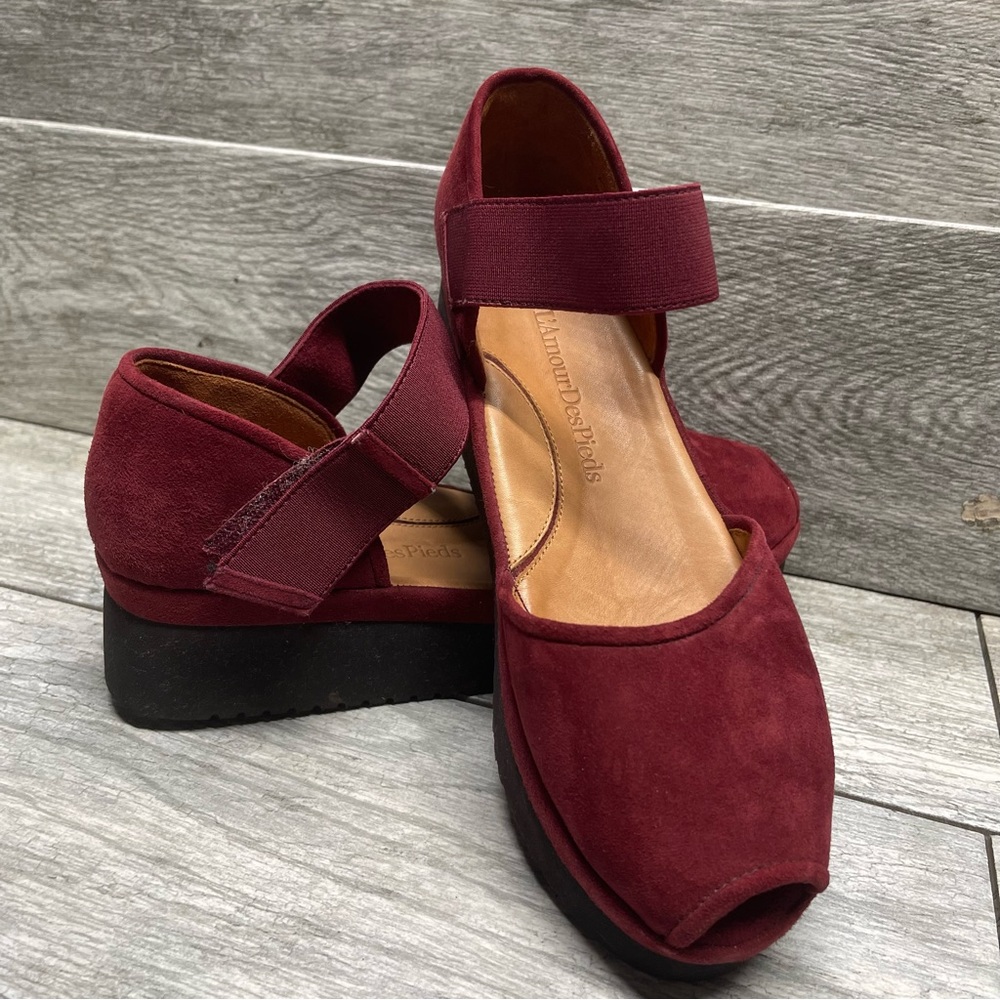 L'Amour Des Pieds Womens Amadour Platform Wedge Sandals Burgundy Suede 9M - Picture 1 of 10
